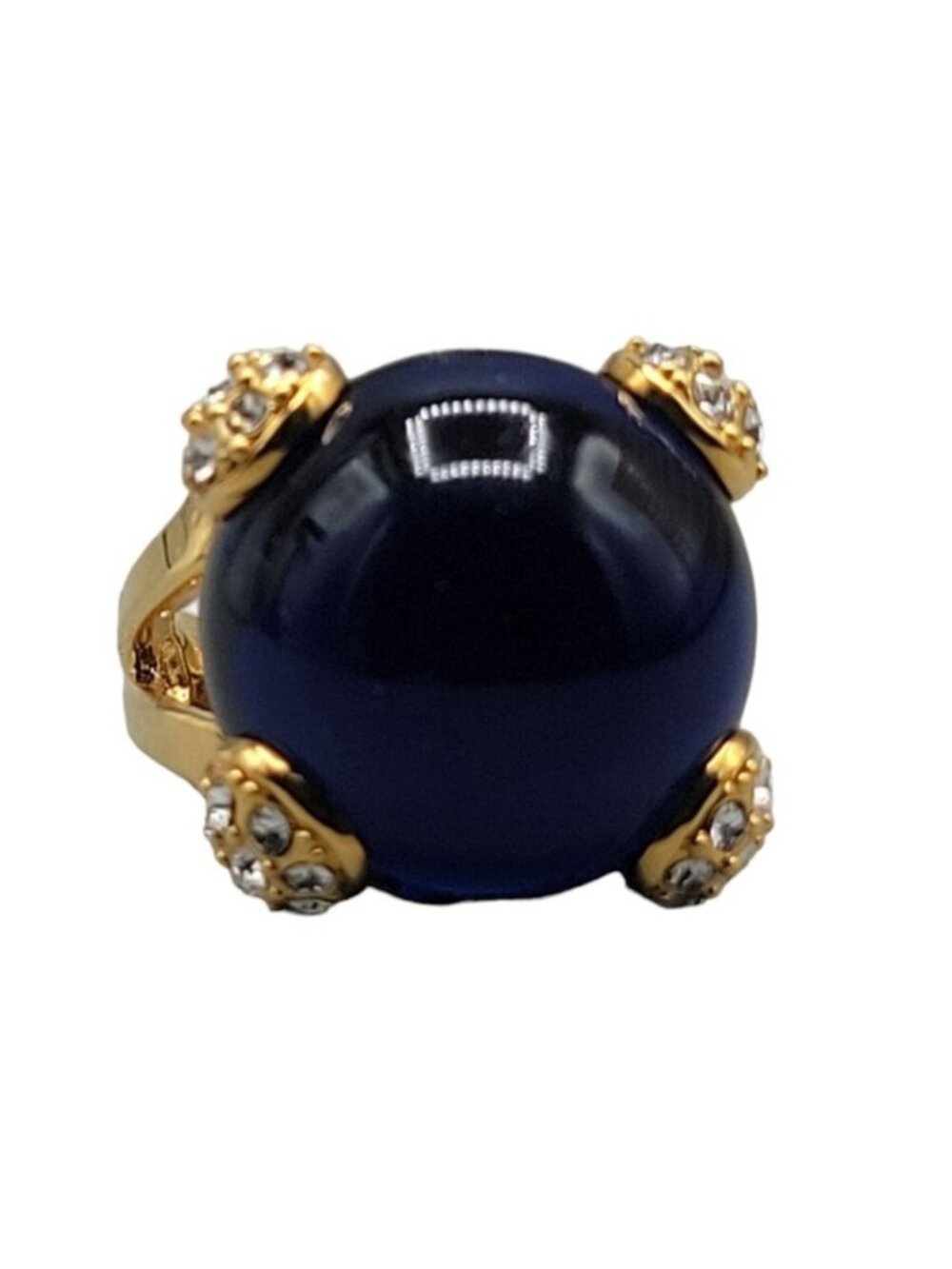 Cobalt Blue Bubble Art Glass Ring 18kgp 7.5 Signed RM Rhinestones Gold Tone - Picture 15 of 16